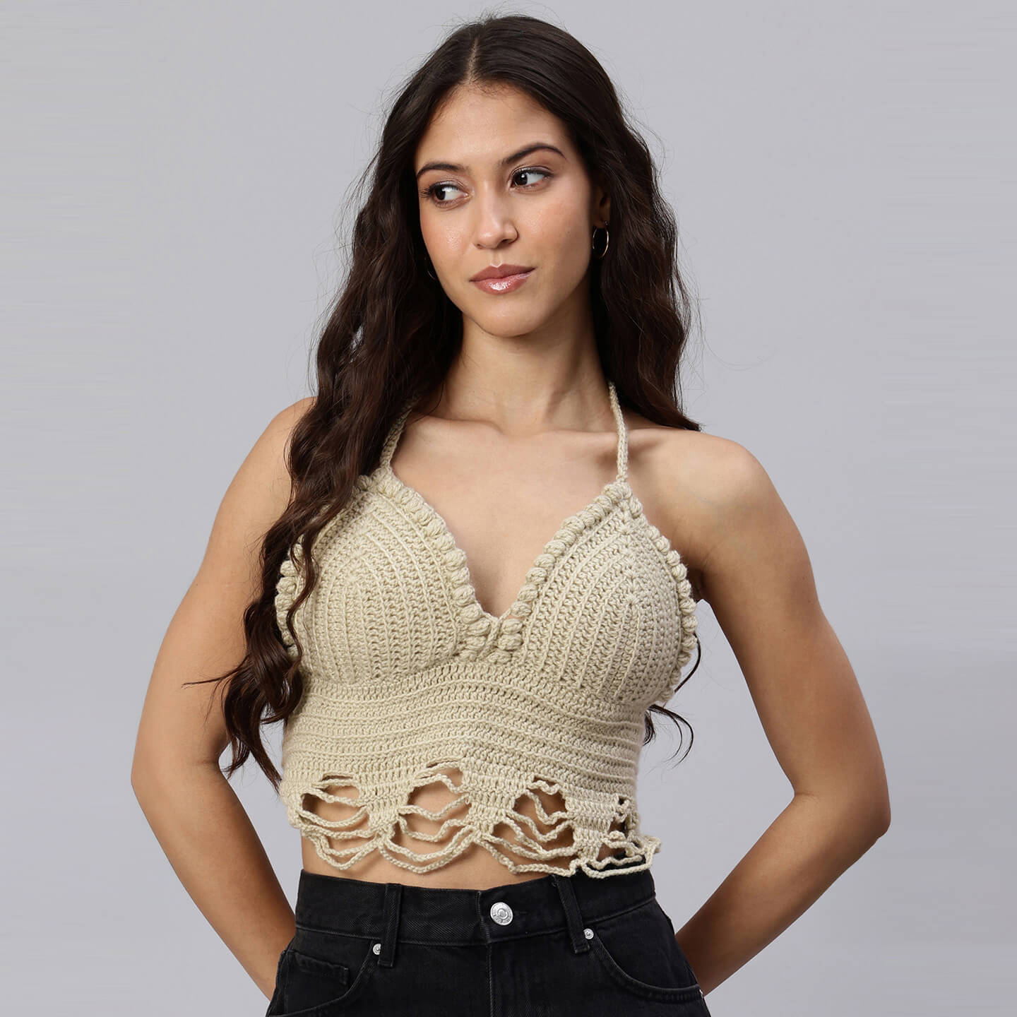 Summer Crochet Bralette Tie Back Sleeveless Top Beige 10468