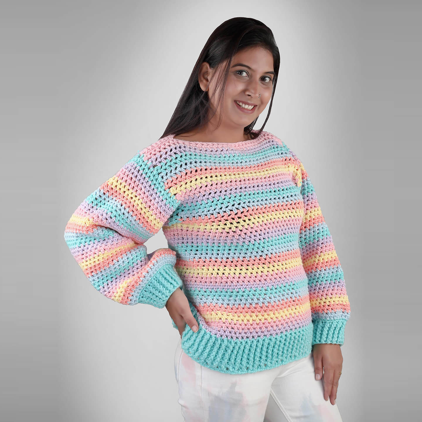 Crochet Pastel Striped Pullover - 3324