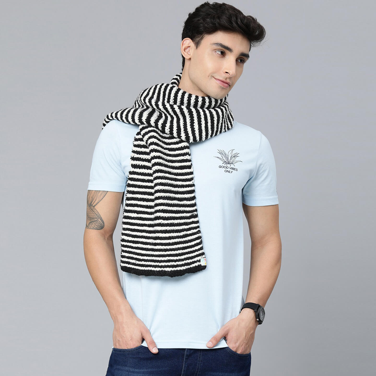 White & Grey Striped Scarf