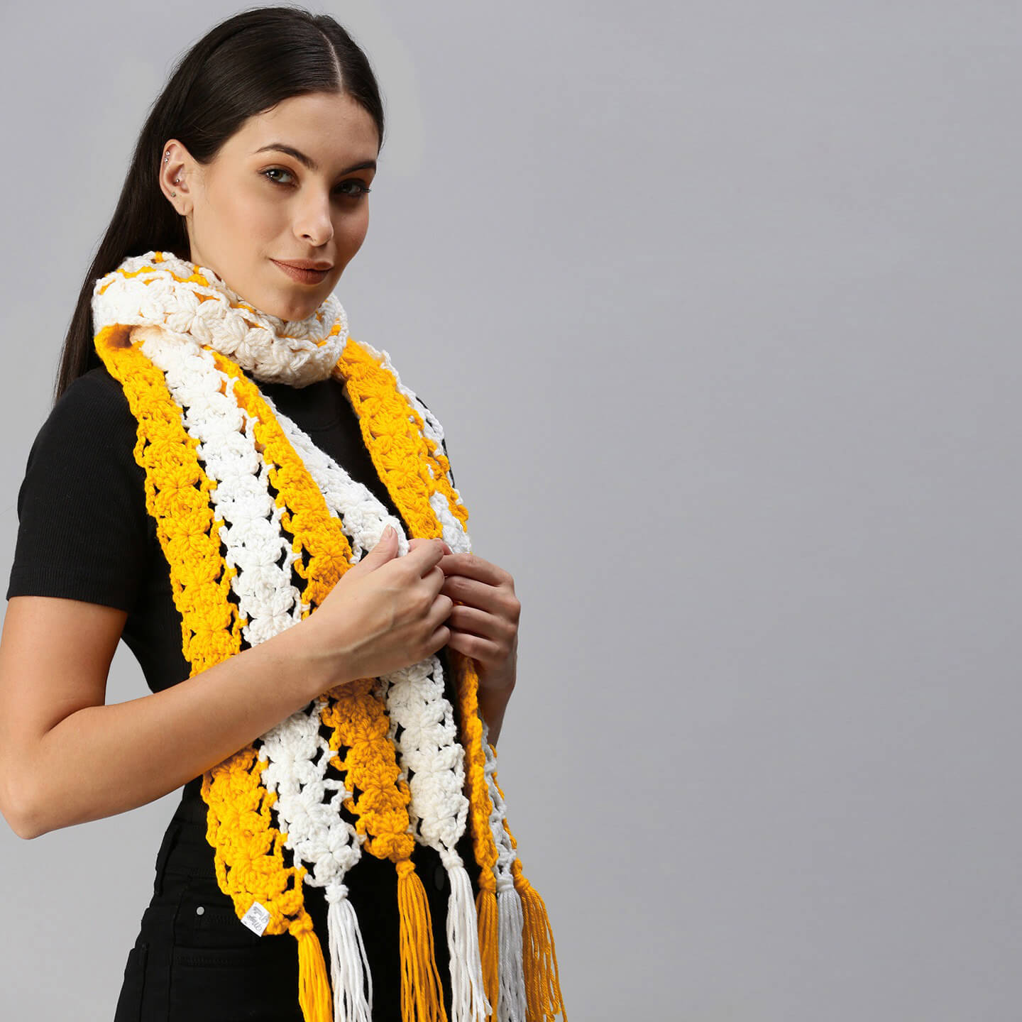 Flower Striped Crochet Scarf Yellow, White 2845