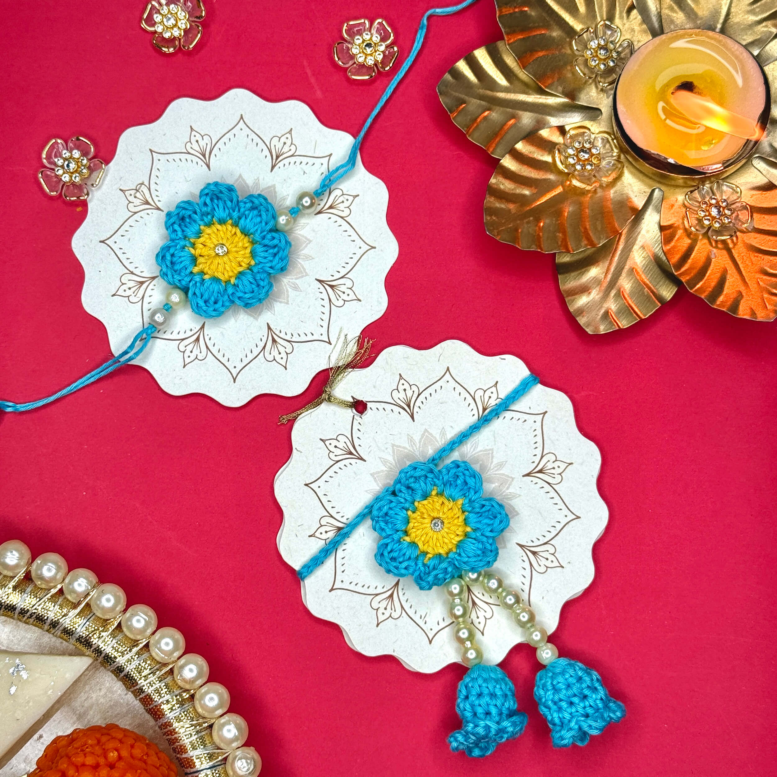 Handmade Crochet Bhaiya-Bhabhi Rakhi Sets - Sea Blue