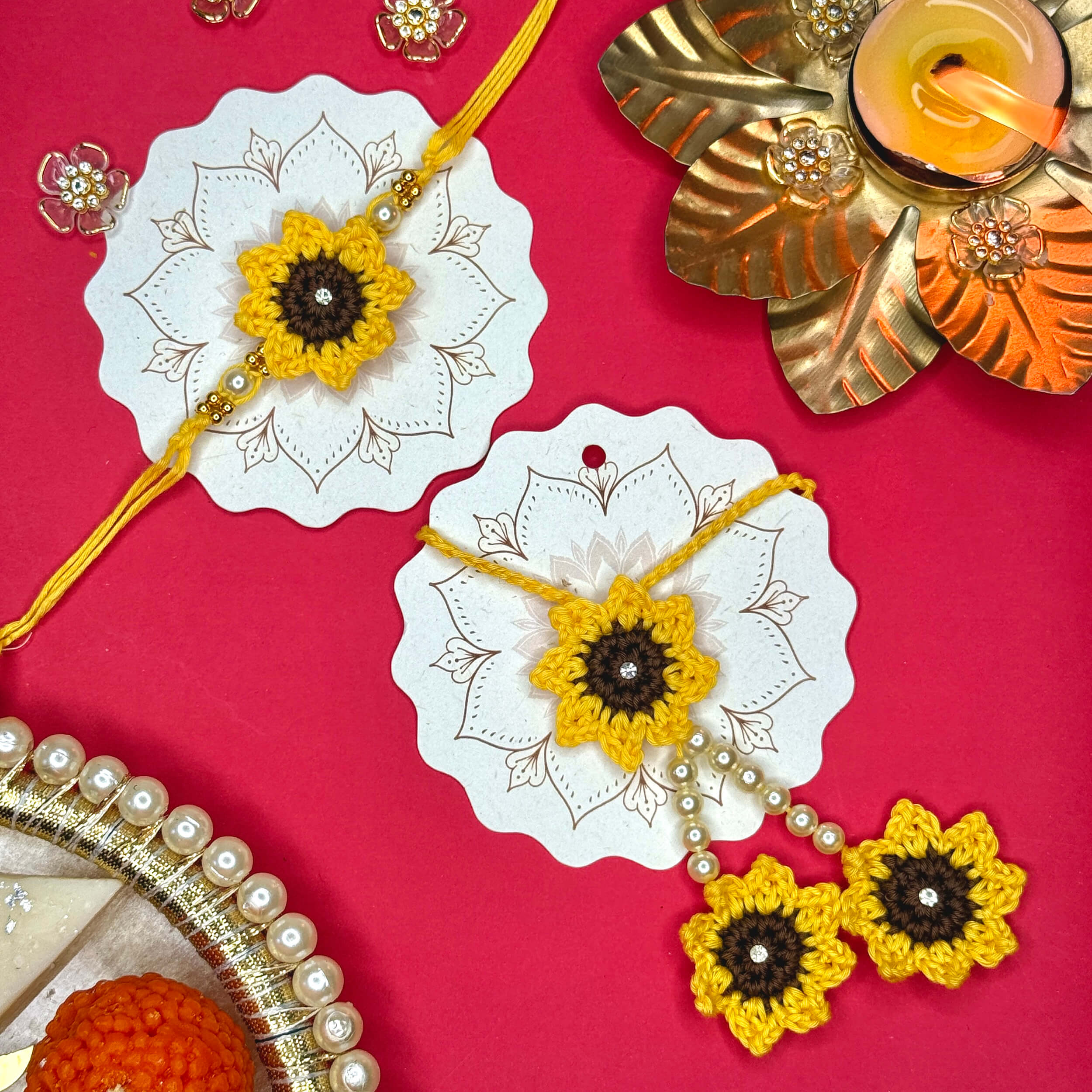 Handmade Crochet Bhaiya-Bhabhi Rakhi Sets - Yellow