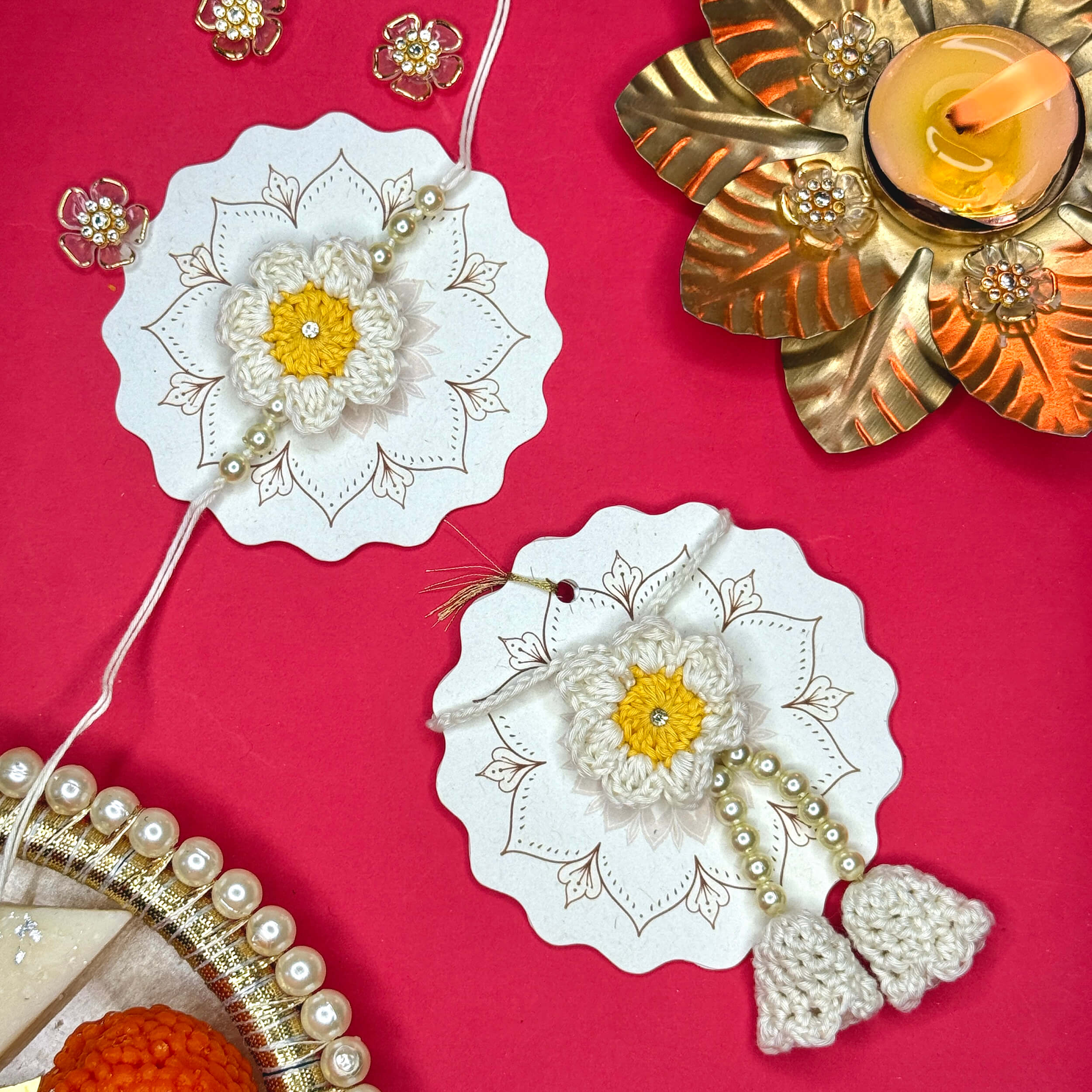 Handmade Crochet Bhaiya-Bhabhi Rakhi Sets - Off White