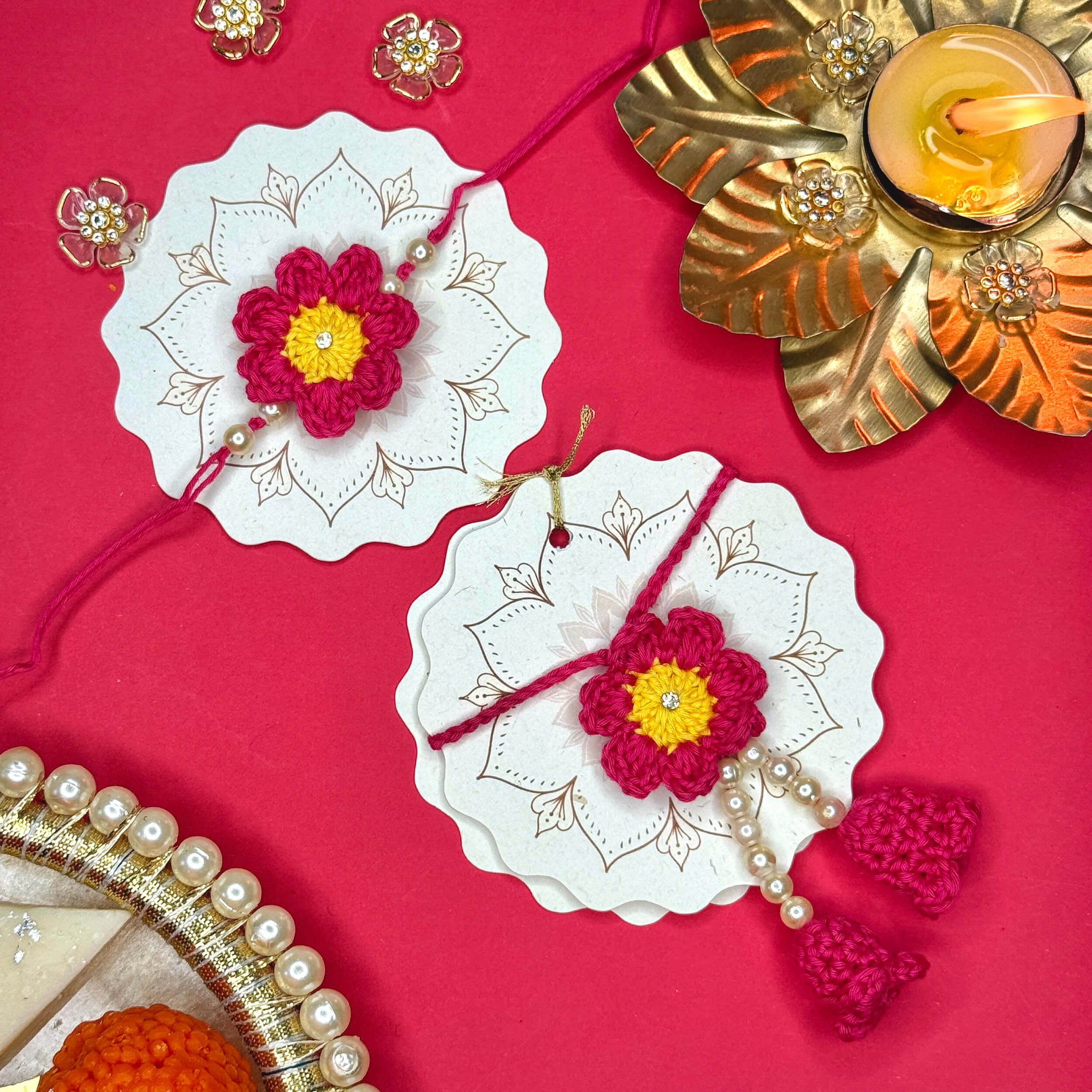 Handmade Crochet Bhaiya-Bhabhi Rakhi Sets - Fuchsia