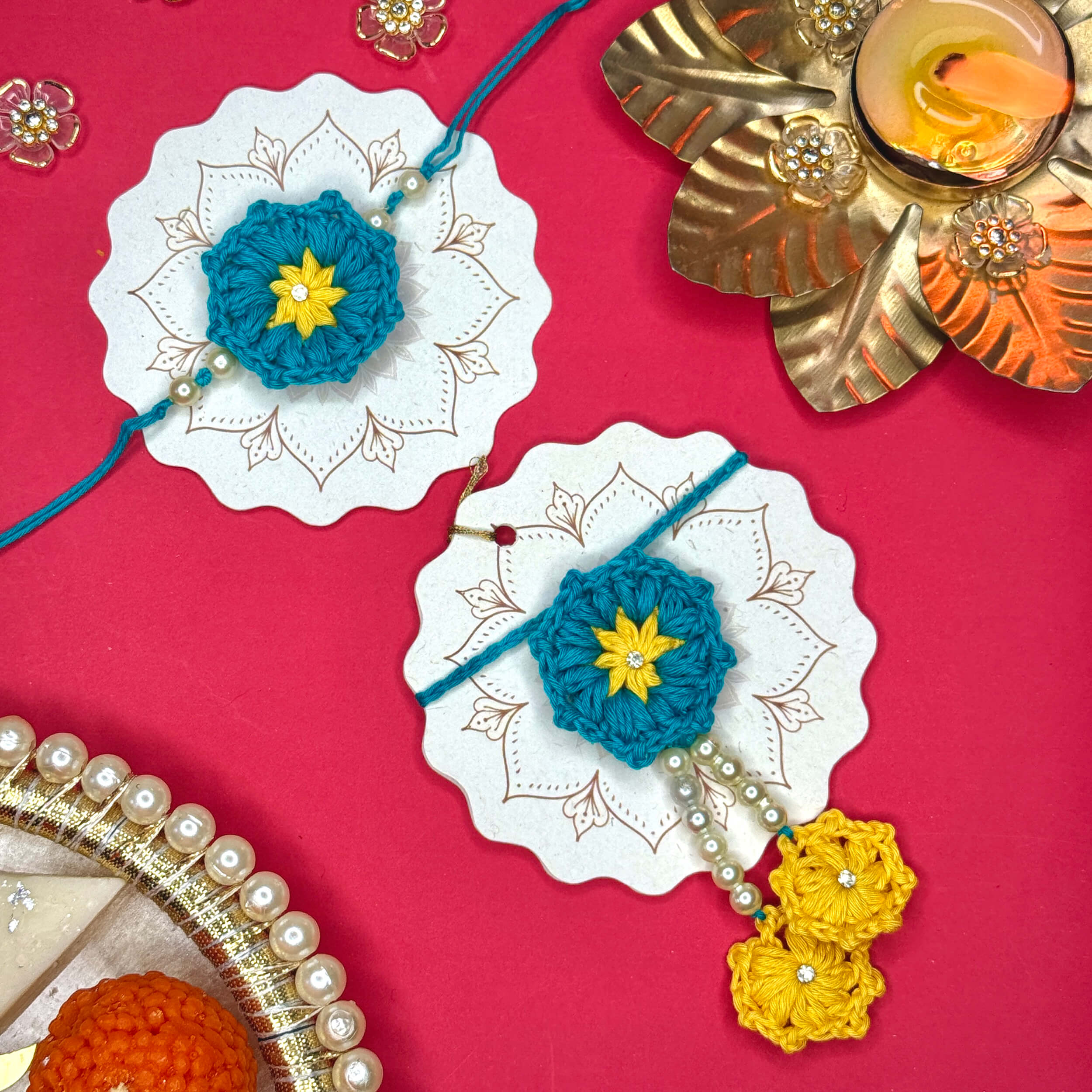 Handmade Crochet Bhaiya-Bhabhi Rakhi Sets - Teal