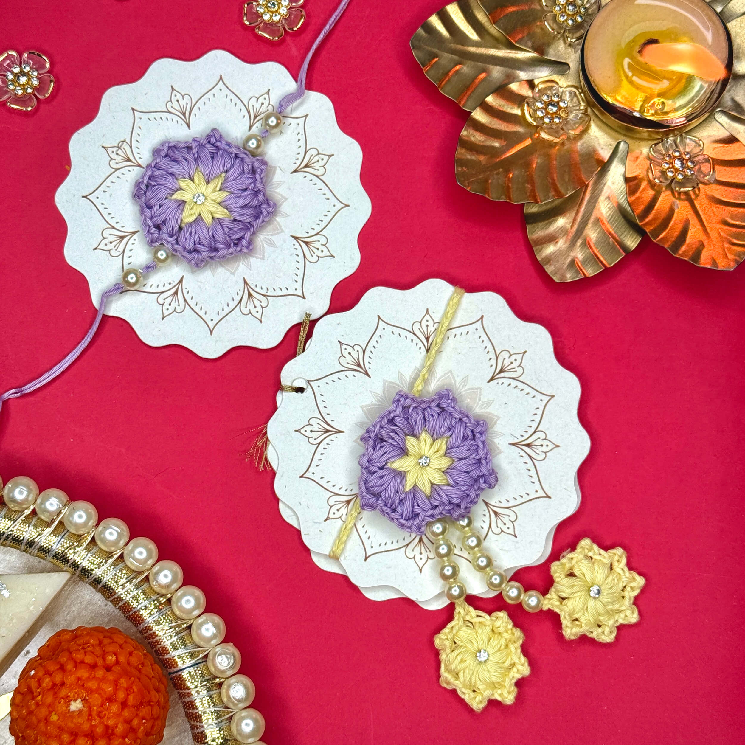 Handmade Crochet Bhaiya-Bhabhi Rakhi Sets - Lavender