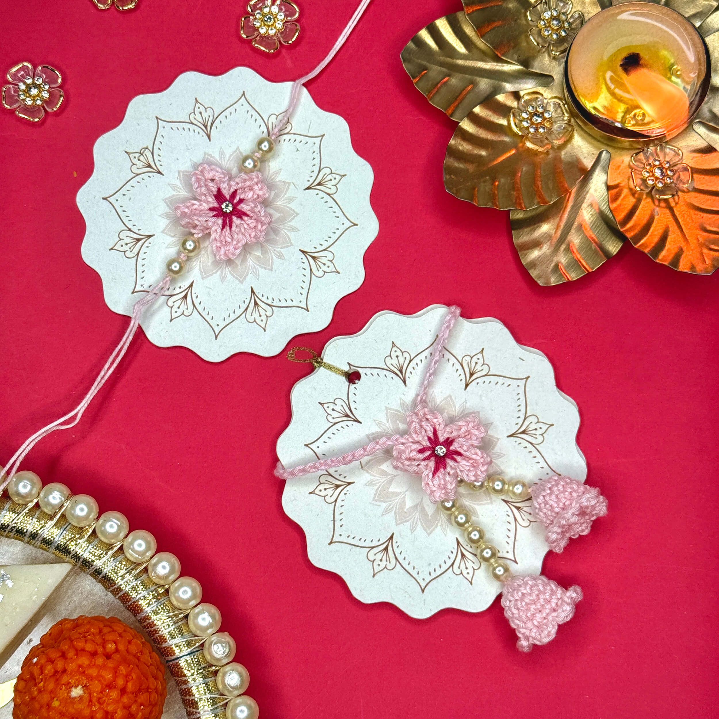 Handmade Crochet Bhaiya-Bhabhi Rakhi Sets - Pink