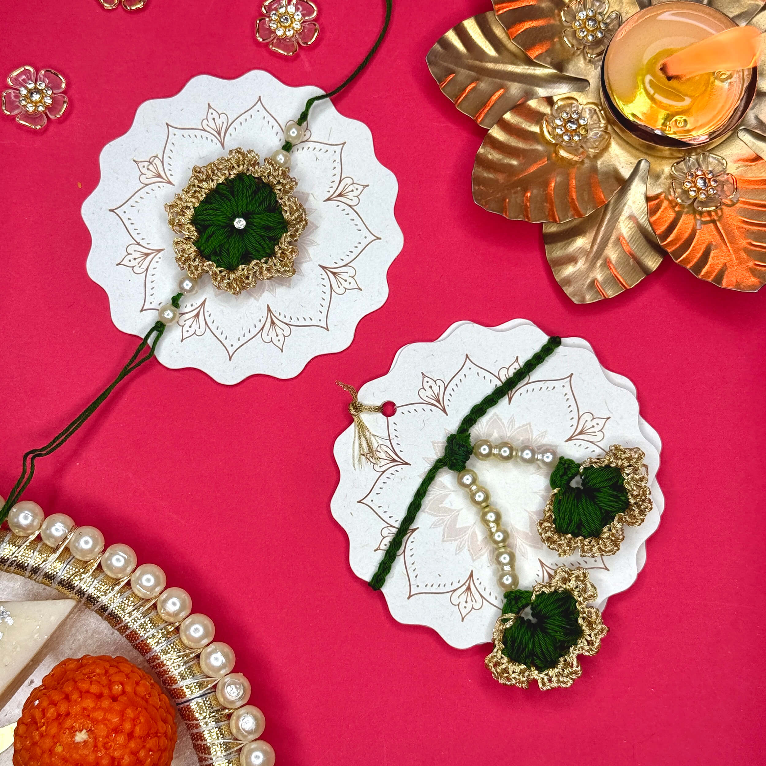Handmade Crochet Bhaiya-Bhabhi Rakhi Sets - Dark Green