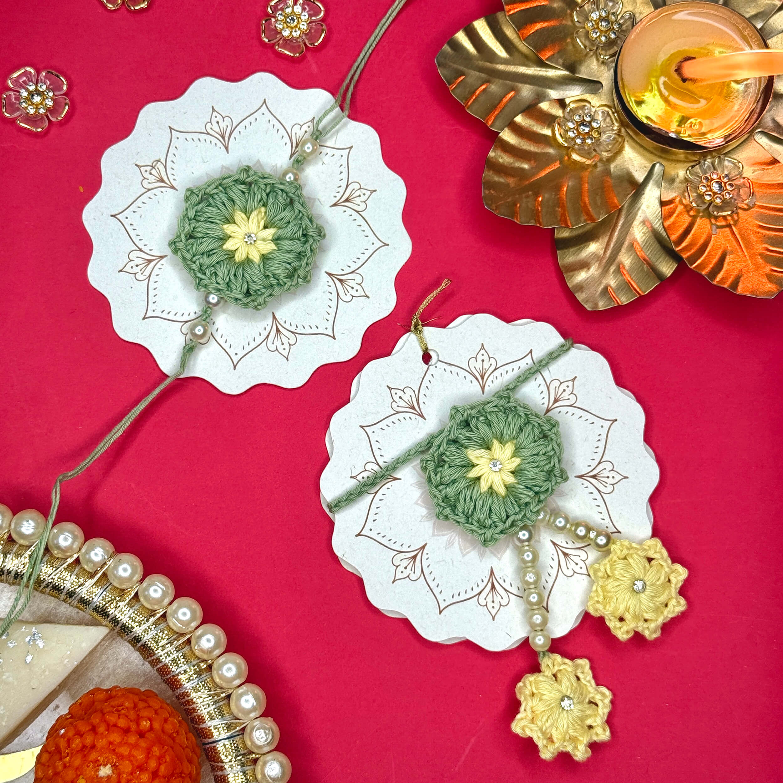 Handmade Crochet Bhaiya-Bhabhi Rakhi Sets - Light Green