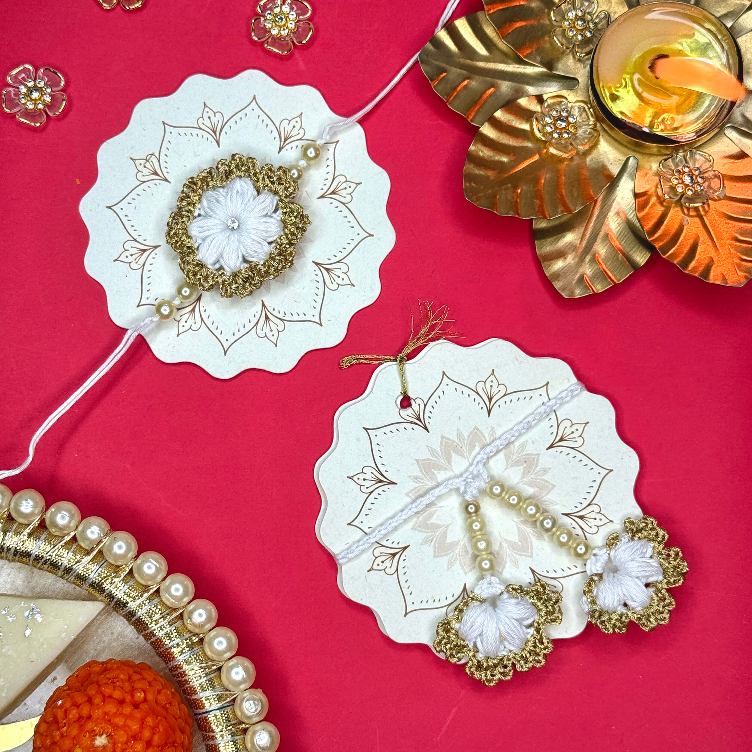 Handmade Crochet Bhaiya-Bhabhi Rakhi Sets - White