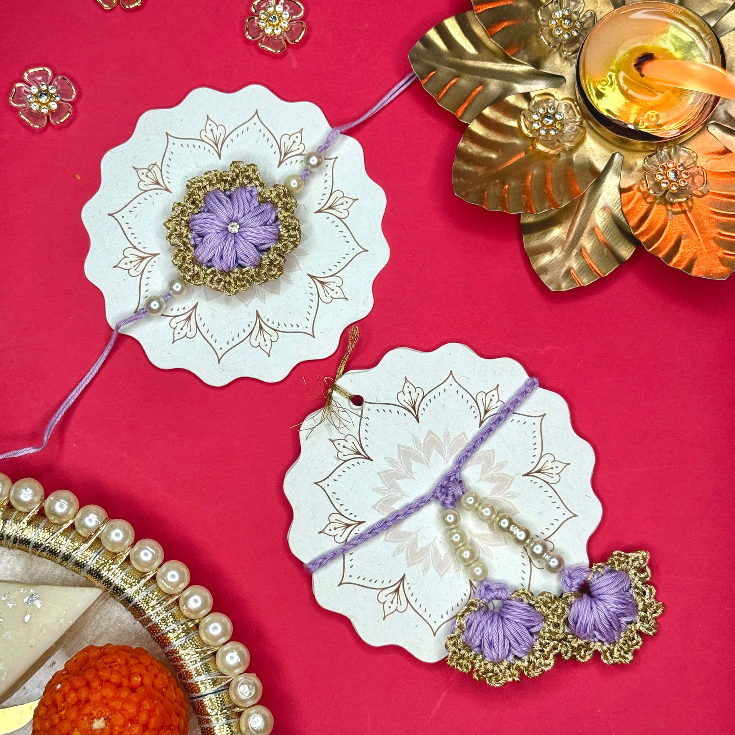 Handmade Crochet Bhaiya-Bhabhi Rakhi Sets - Lavender/Gold
