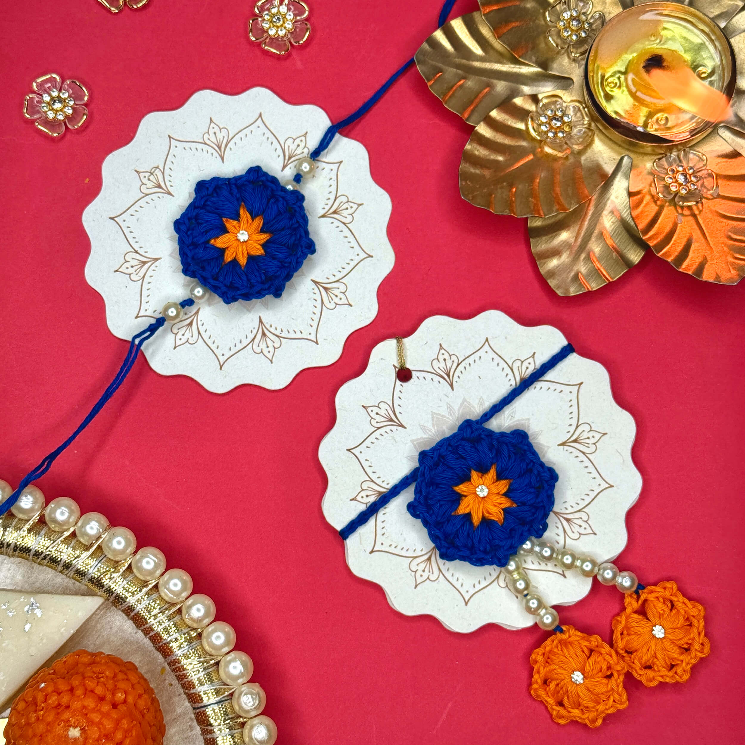 Handmade Crochet Bhaiya-Bhabhi Rakhi Sets - Royal Blue