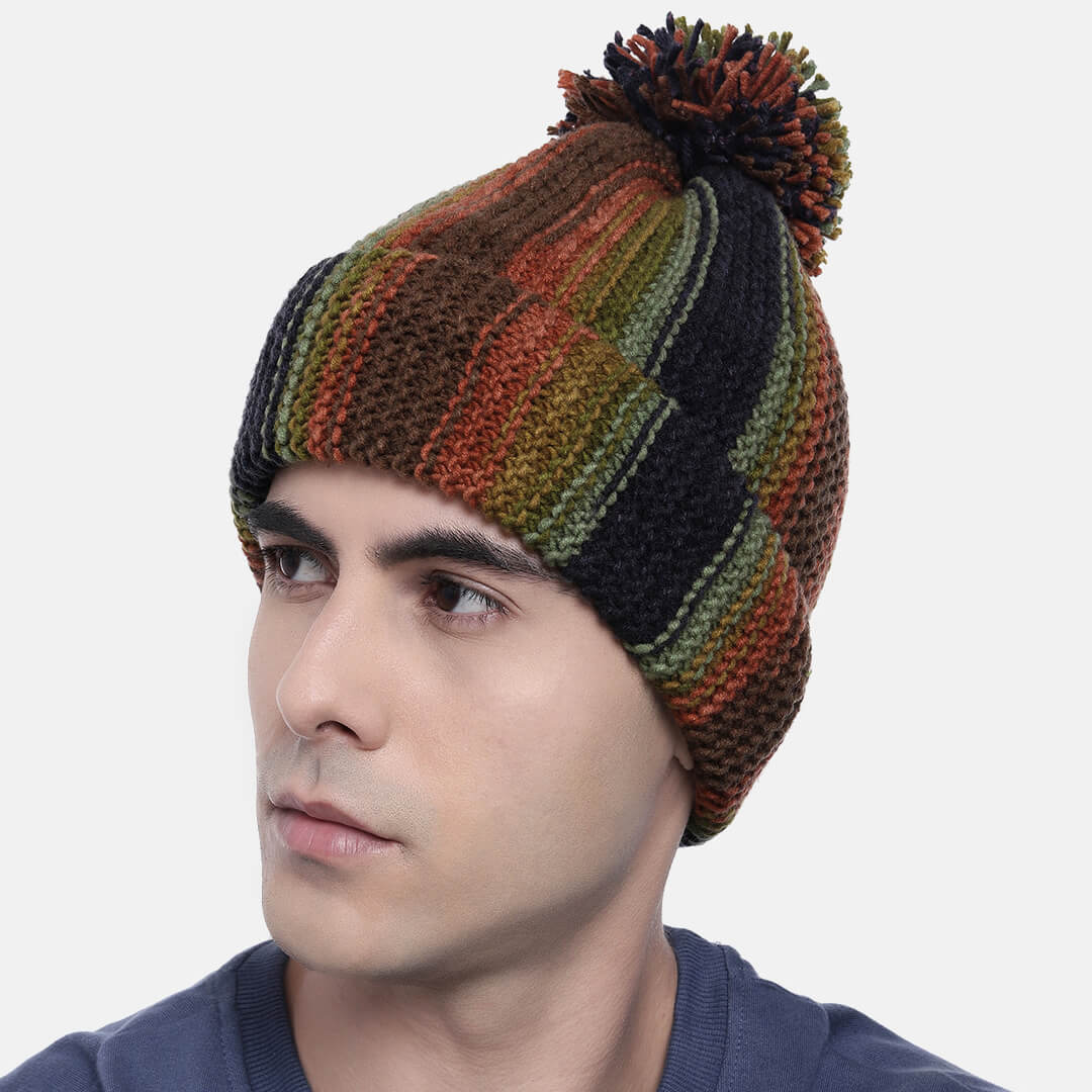 Vertical Striped Knitted Cap With Pompom - 10001