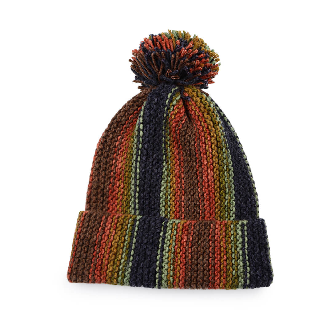 Vertical Striped Knitted Cap With Pompom - 10001