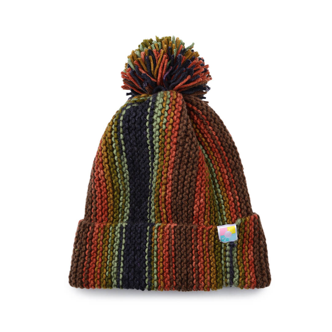 Vertical Striped Knitted Cap With Pompom - 10001