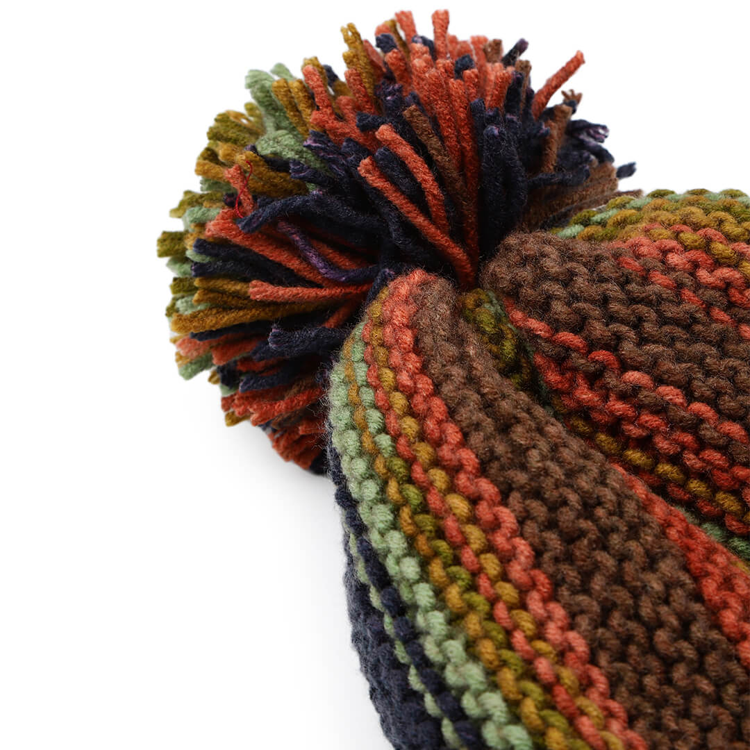 Vertical Striped Knitted Cap With Pompom - 10001