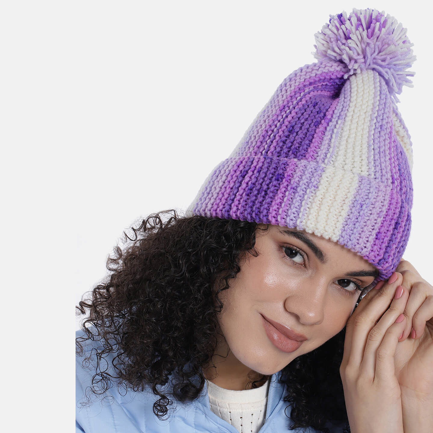 Vertical Striped Knitted Cap With Pompom - 10002