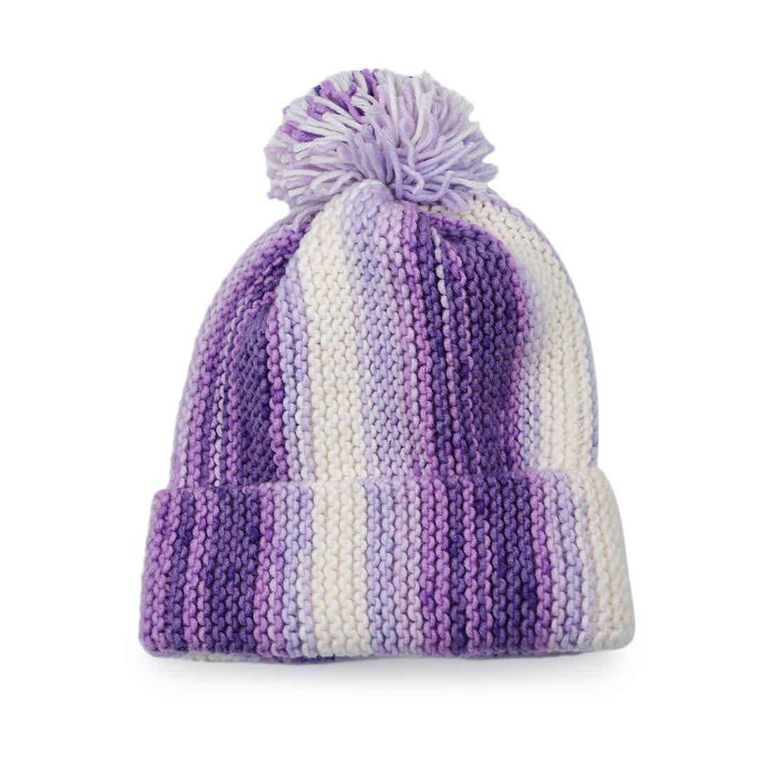 Vertical Striped Knitted Cap With Pompom - 10002