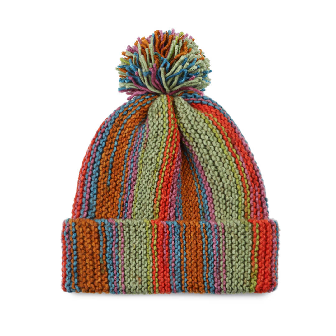 Vertical Striped Knitted Cap With Pompom - 10003