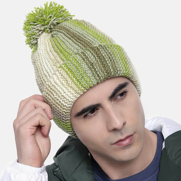 Vertical Striped Knitted Cap With Pompom - 10004