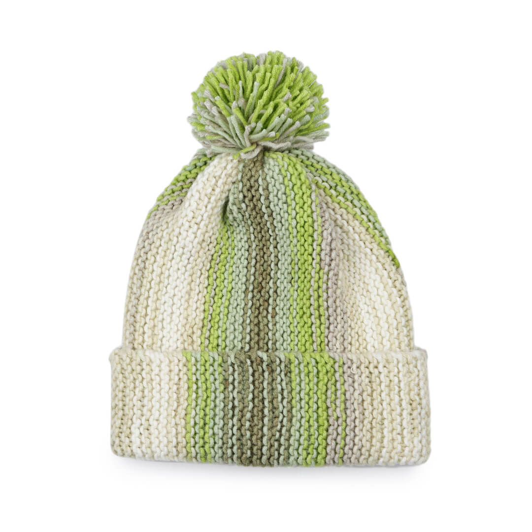 Vertical Striped Knitted Cap With Pompom - 10004