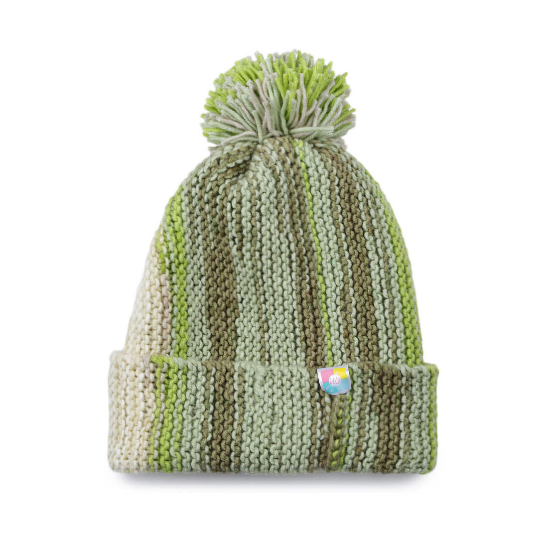 Vertical Striped Knitted Cap With Pompom - 10004