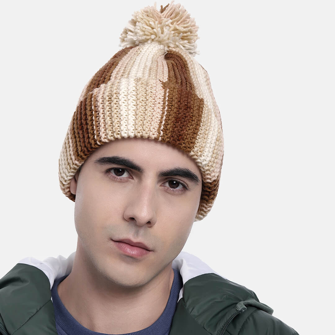 Vertical Striped Knitted Cap With Pompom - 10005