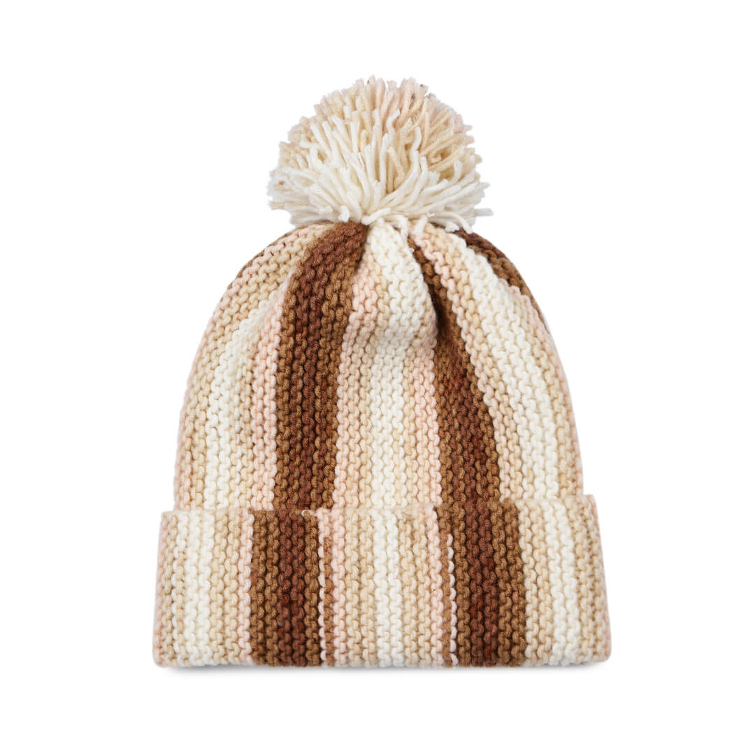 Vertical Striped Knitted Cap With Pompom - 10005