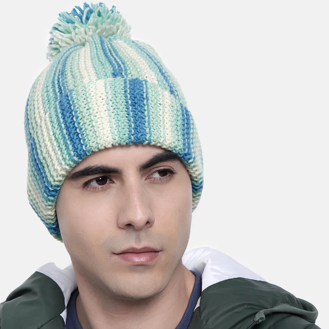 Vertical Striped Knitted Cap With Pompom - 10006