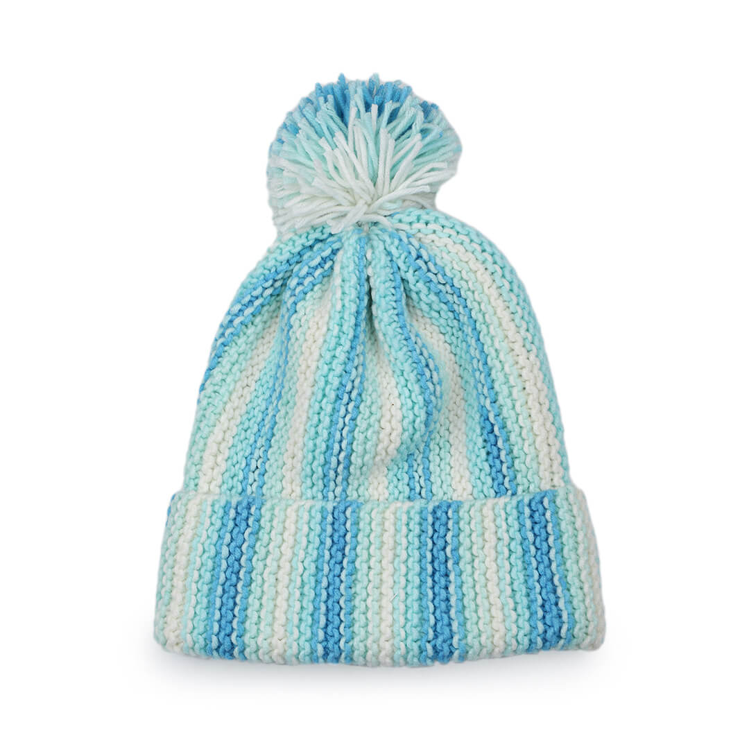 Vertical Striped Knitted Cap With Pompom - 10006