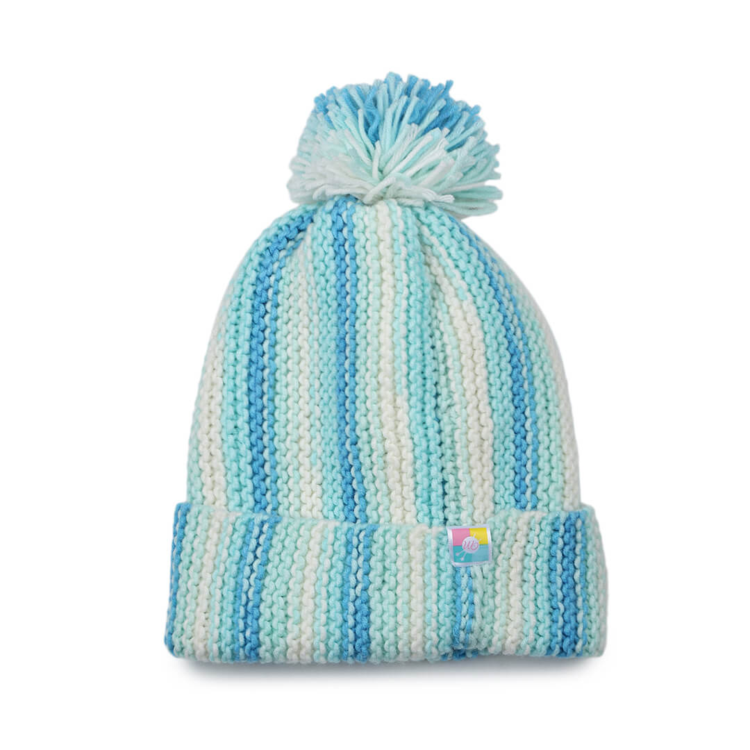 Vertical Striped Knitted Cap With Pompom - 10006