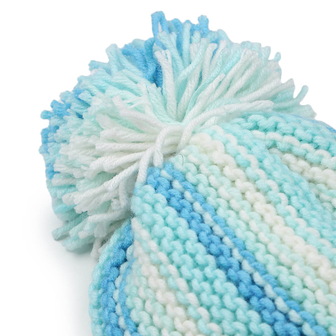 Vertical Striped Knitted Cap With Pompom - 10006