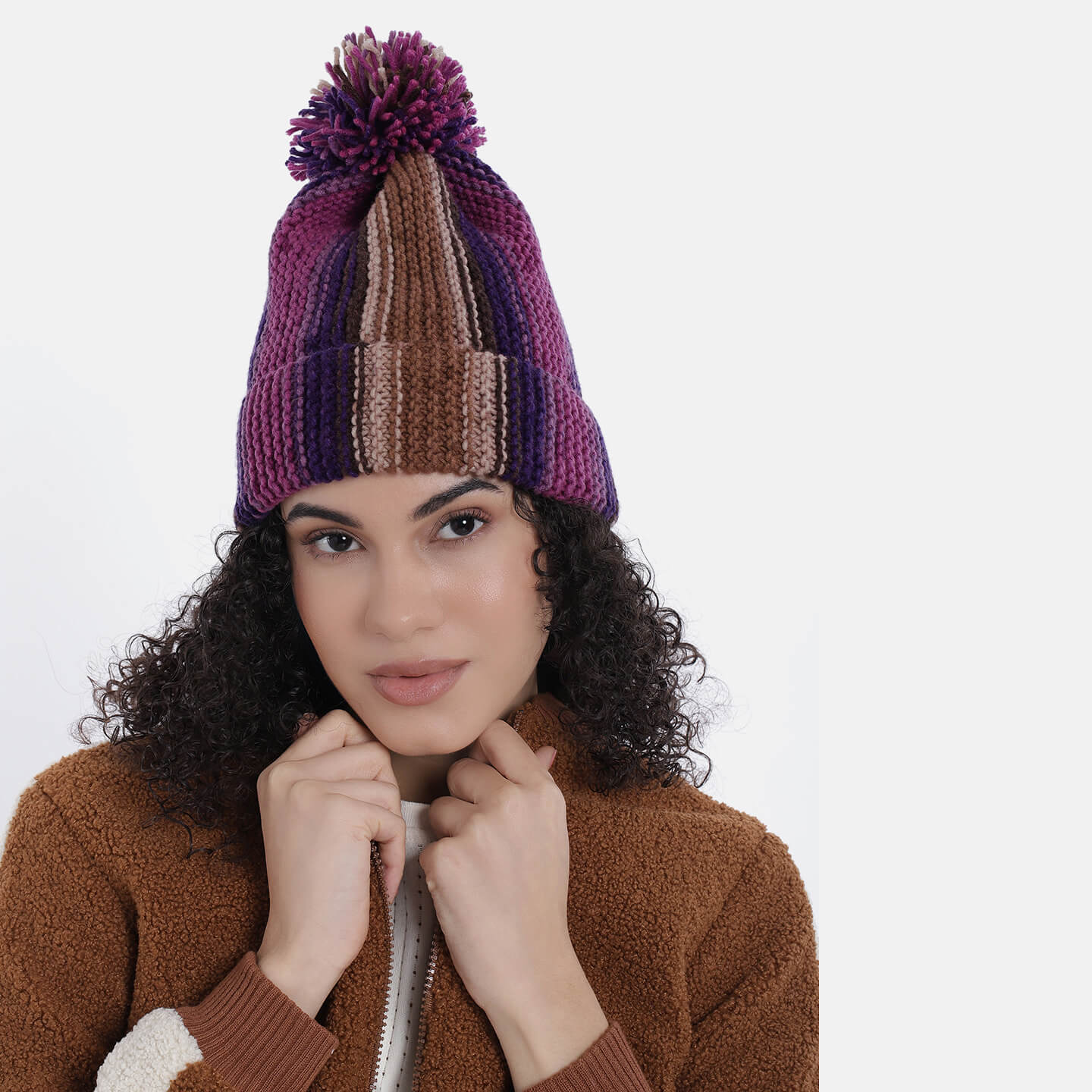 Vertical Striped Knitted Cap With Pompom - 10007