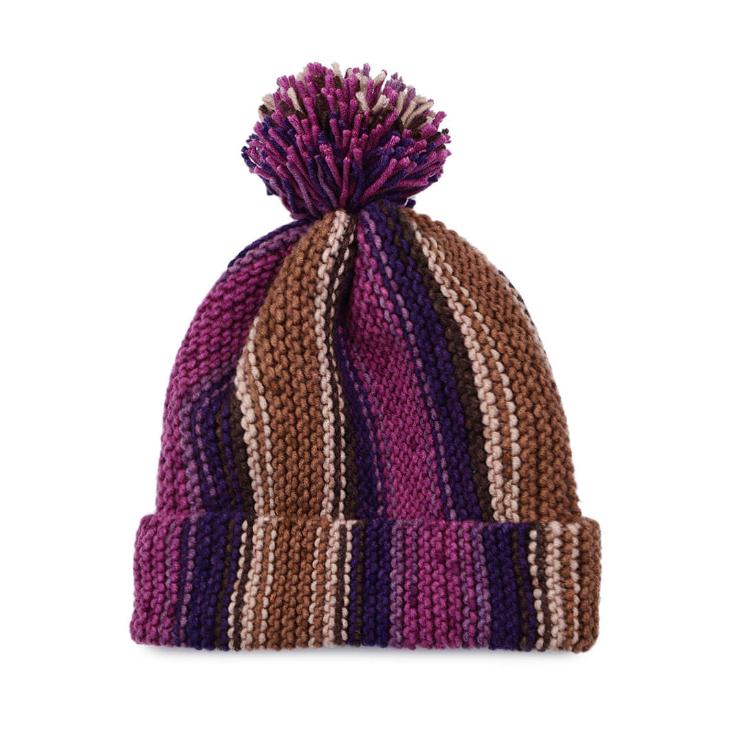 Vertical Striped Knitted Cap With Pompom - 10007