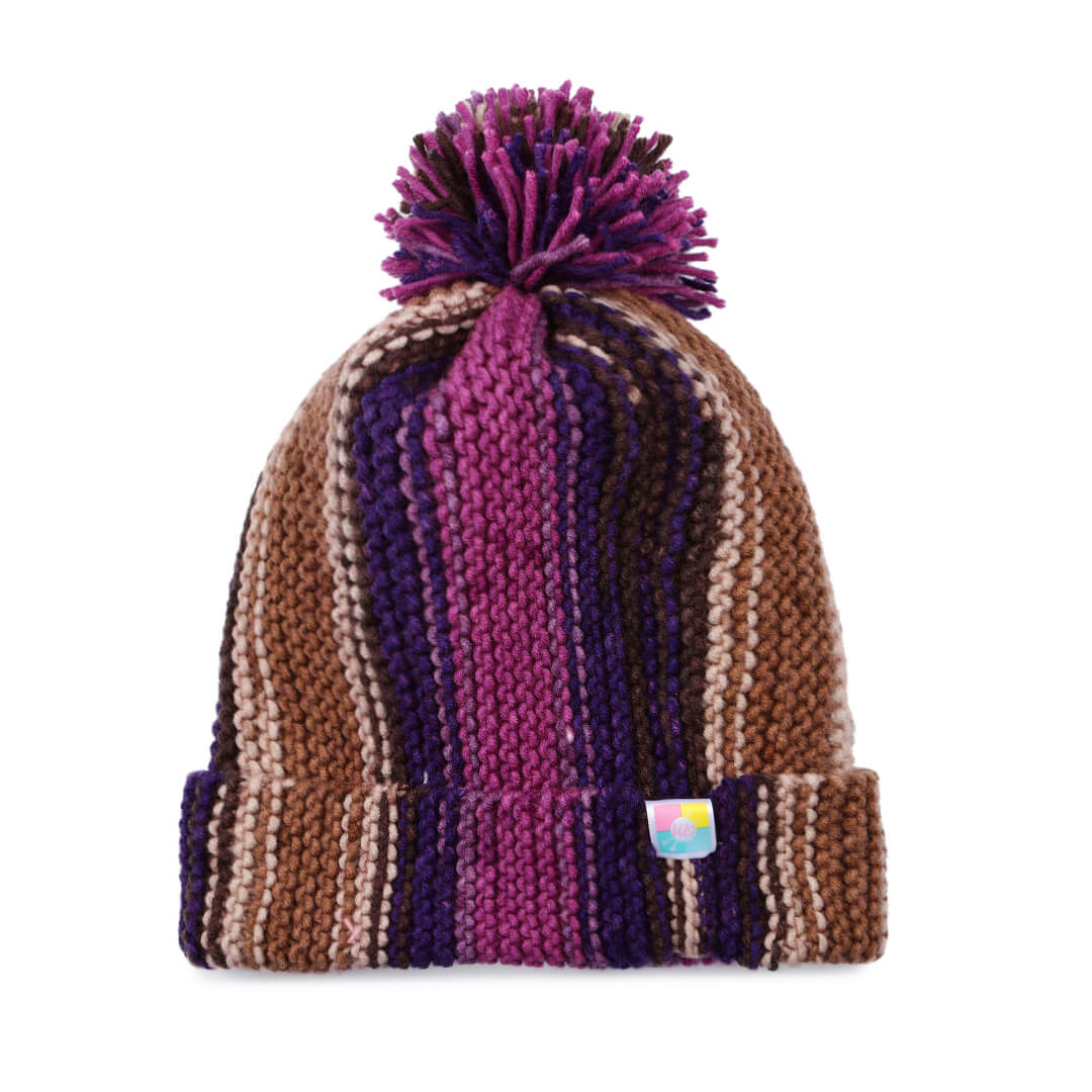 Vertical Striped Knitted Cap With Pompom - 10007