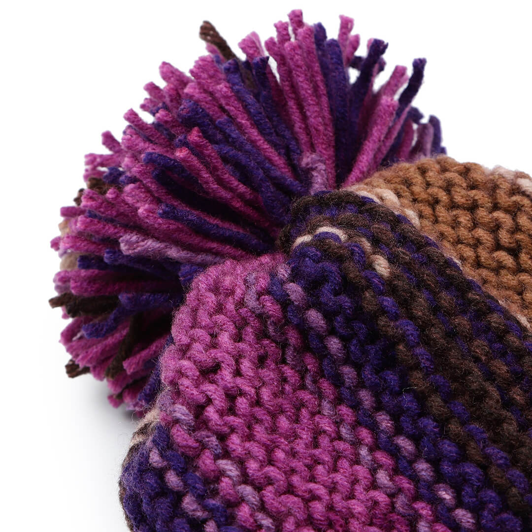 Vertical Striped Knitted Cap With Pompom - 10007