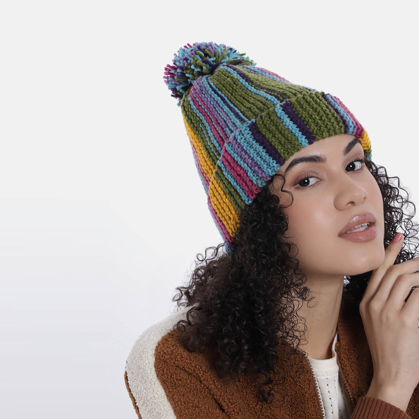 Vertical Striped Knitted Cap With Pompom - 10008