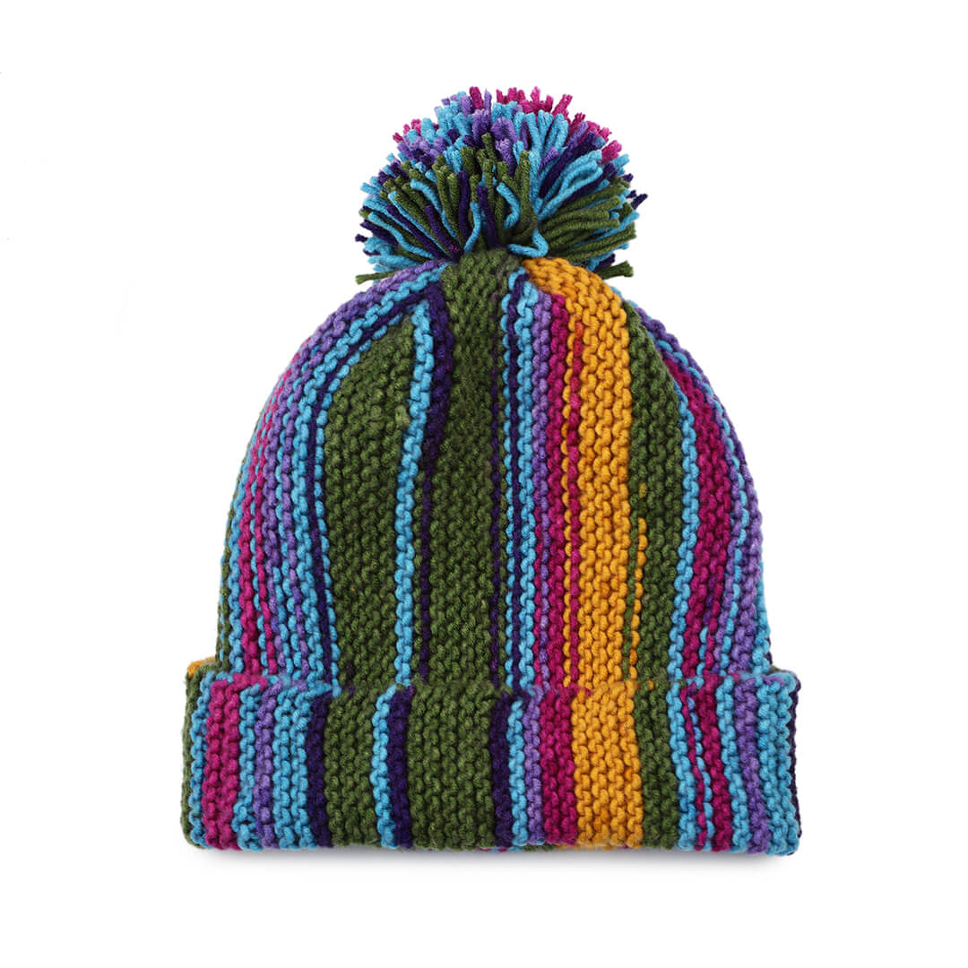 Vertical Striped Knitted Cap With Pompom - 10008