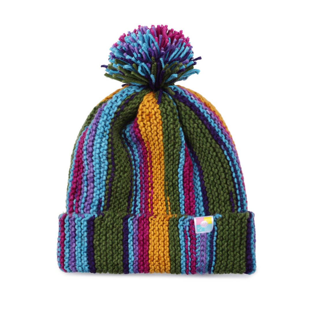 Vertical Striped Knitted Cap With Pompom - 10008