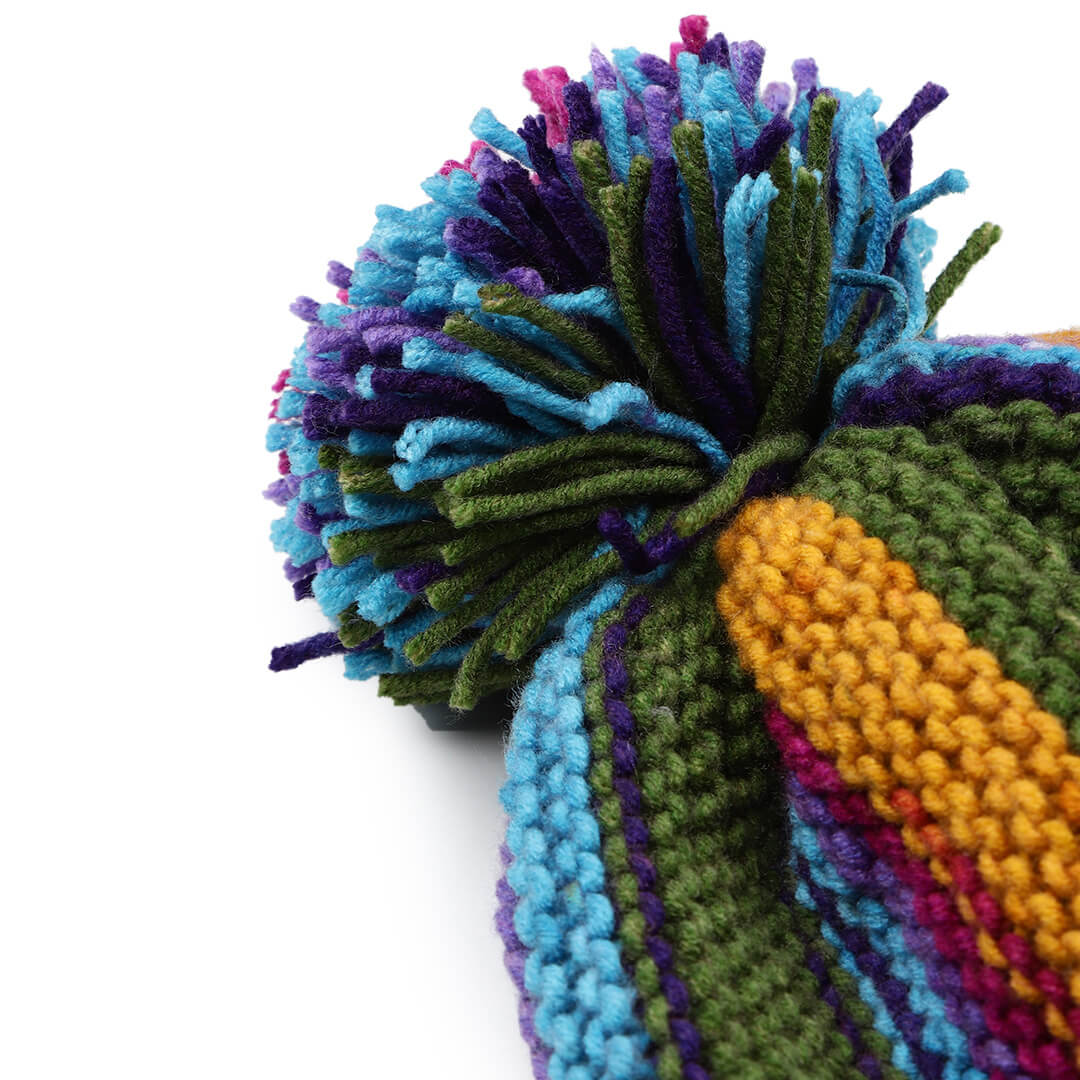 Vertical Striped Knitted Cap With Pompom - 10008