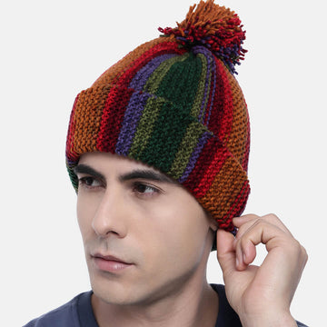 Vertical Striped Knitted Cap With Pompom - 10009