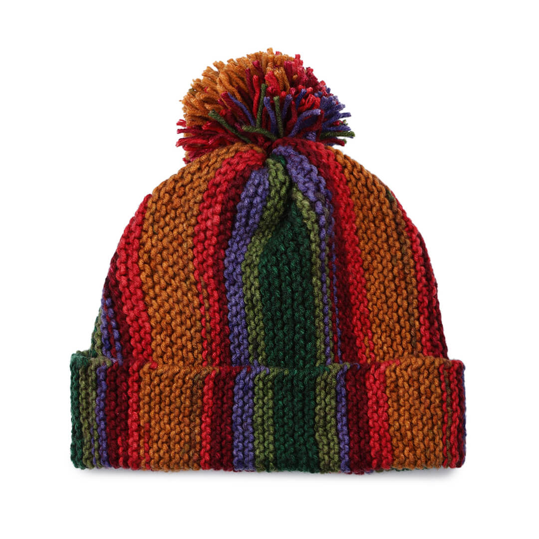 Vertical Striped Knitted Cap With Pompom - 10009