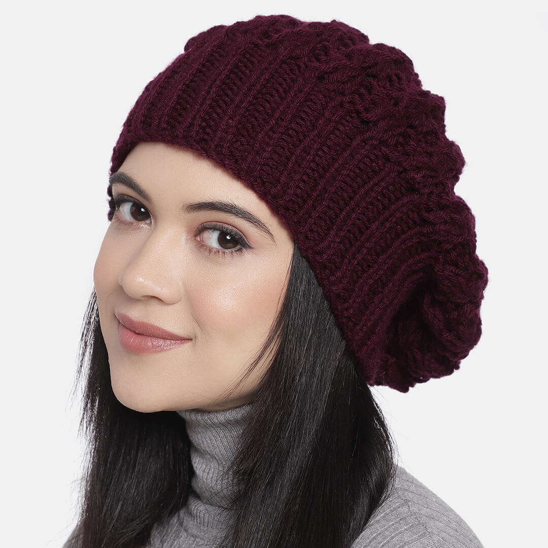 Burgundy Self-Design Beanie - 1001