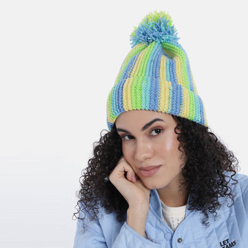 Vertical Striped Knitted Cap With Pompom - 10010