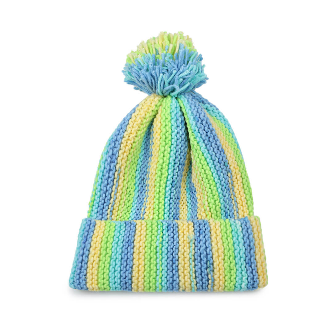 Vertical Striped Knitted Cap With Pompom - 10010