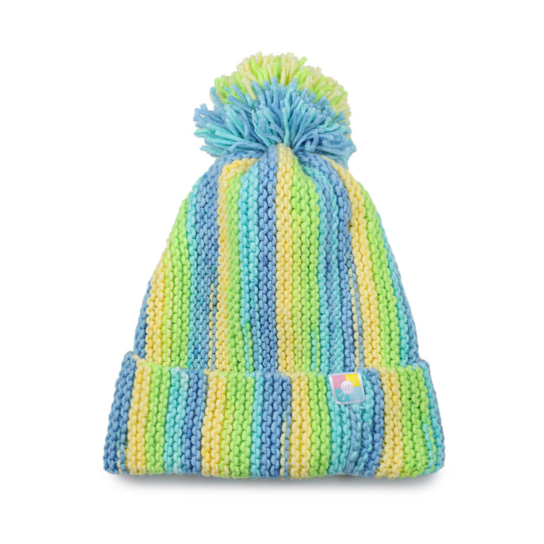 Vertical Striped Knitted Cap With Pompom - 10010
