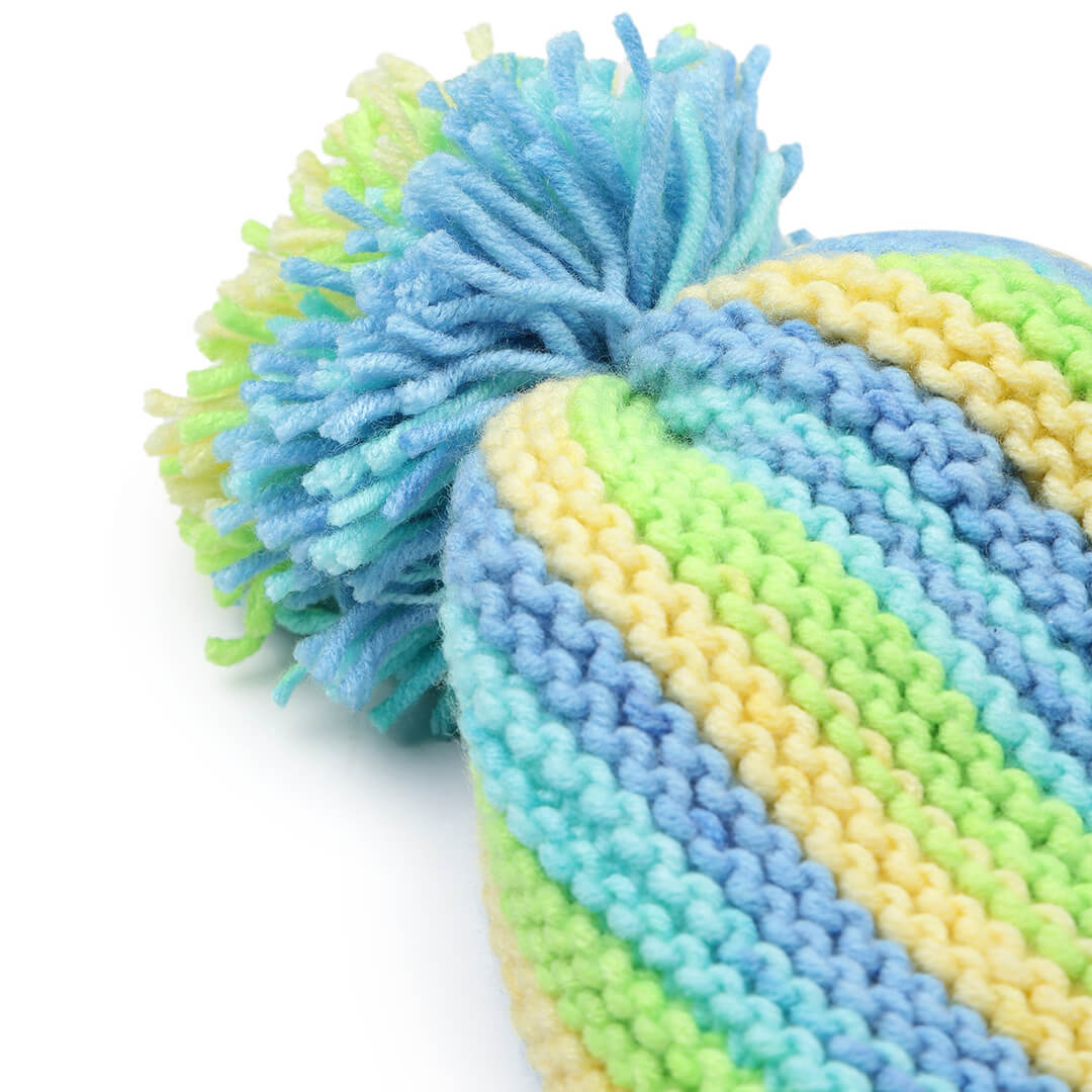 Vertical Striped Knitted Cap With Pompom - 10010
