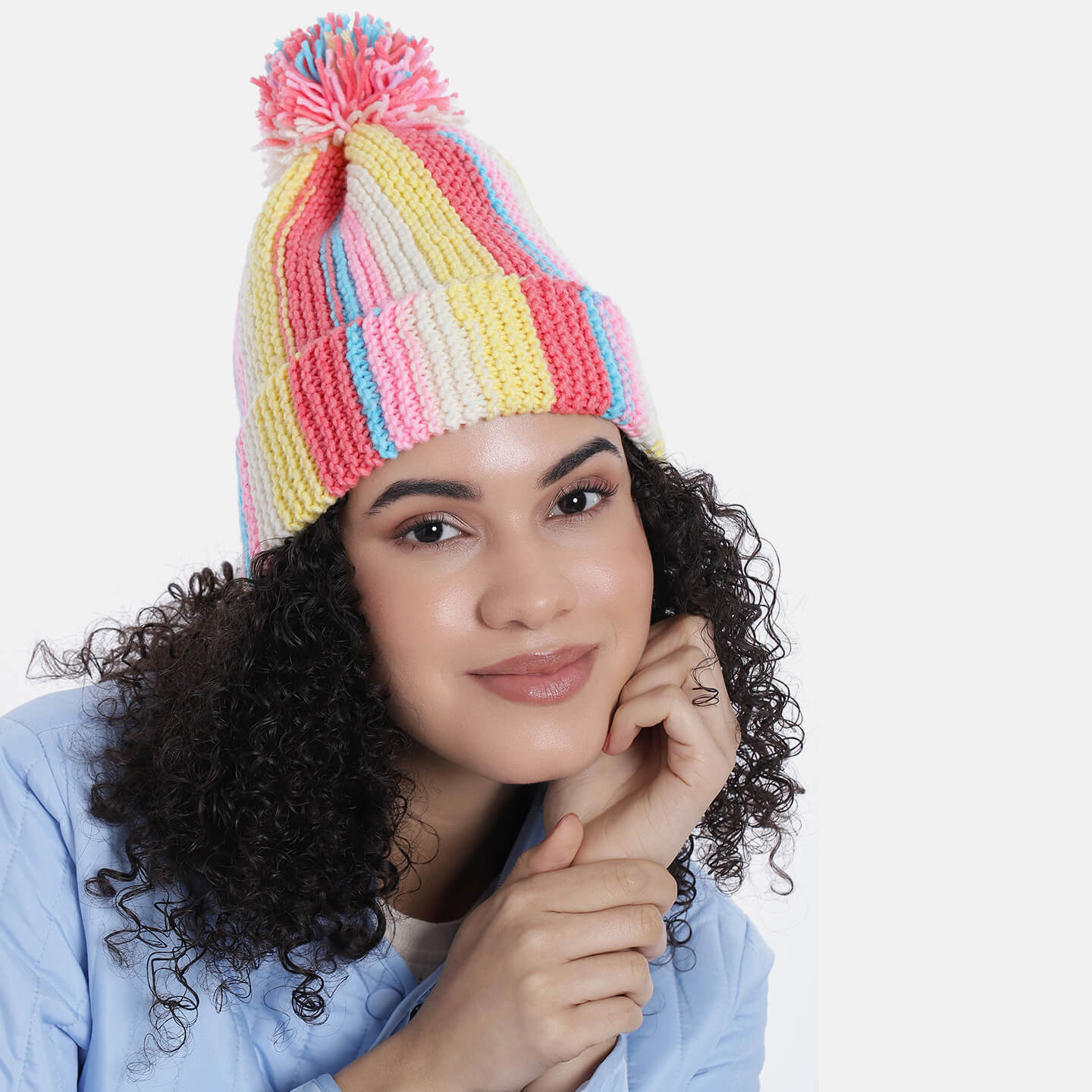 Vertical Striped Knitted Cap With Pompom - 10011