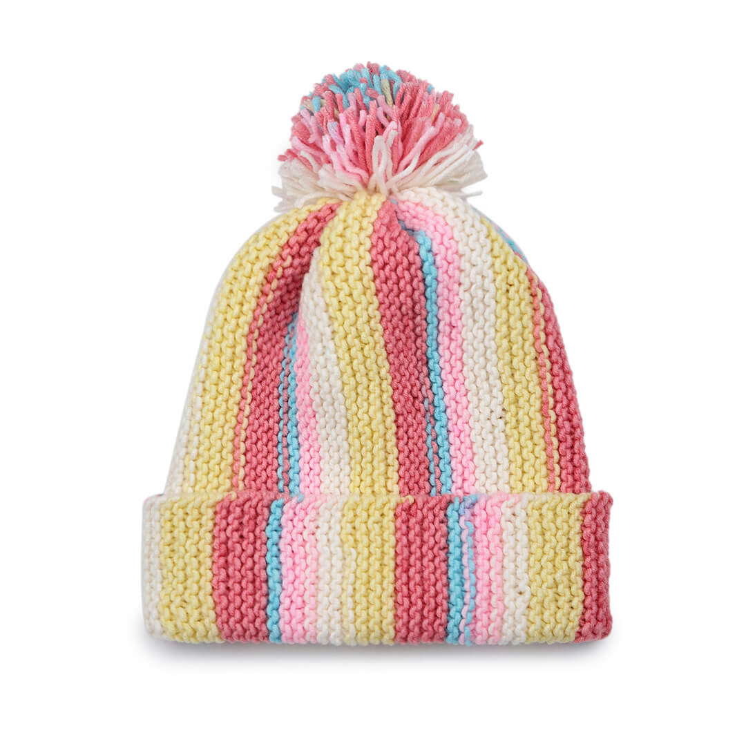 Vertical Striped Knitted Cap With Pompom - 10011
