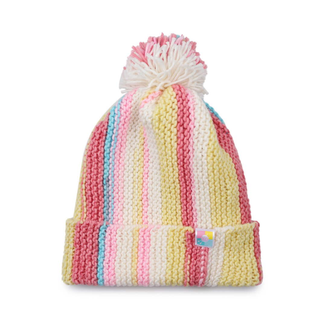 Vertical Striped Knitted Cap With Pompom - 10011